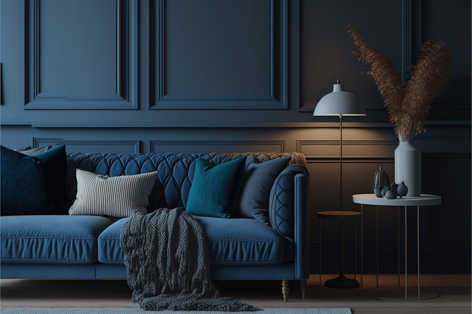 A living room interior with blue color, sofa, table and house plant around
